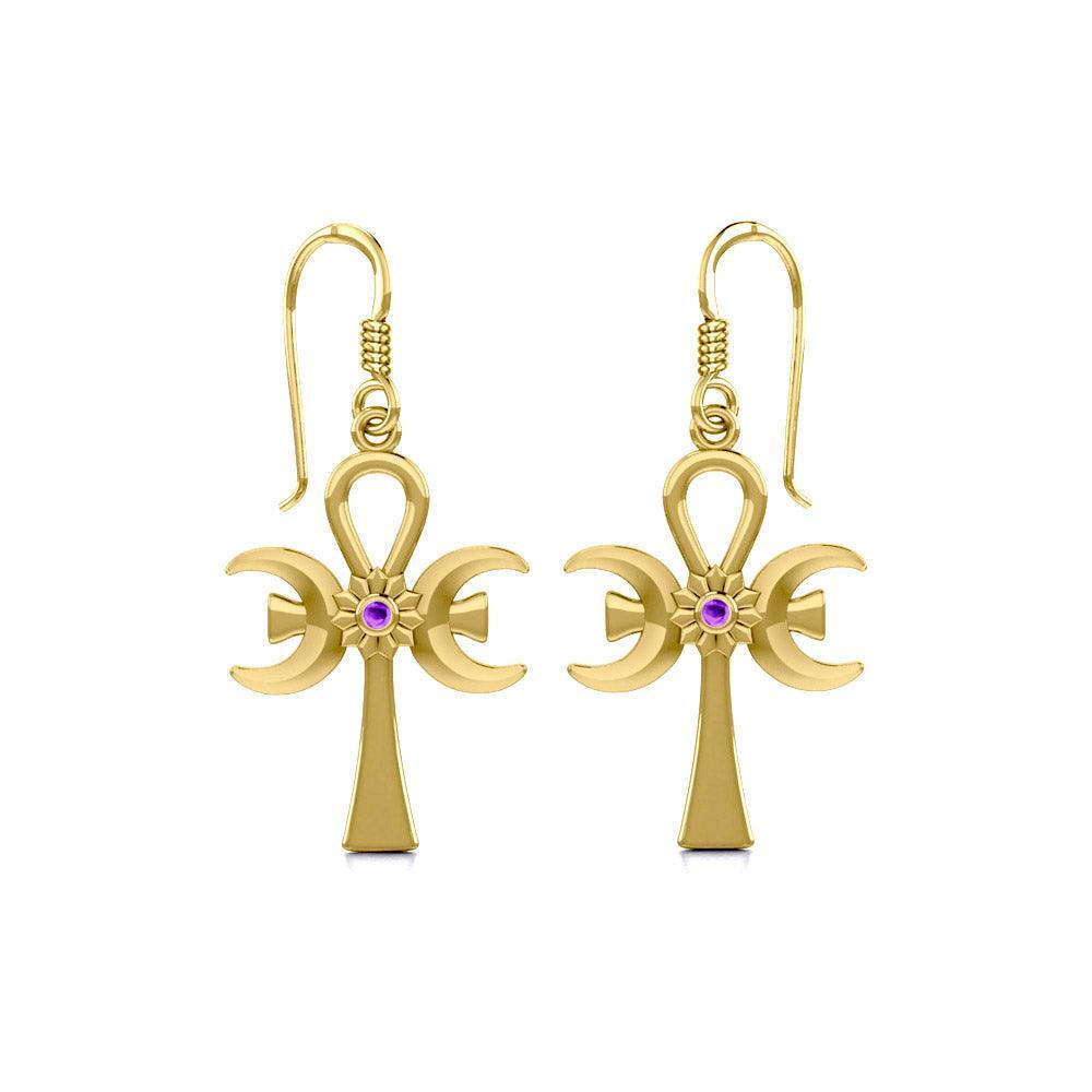 A breath of life ~ Solid Yellow Gold Triple Goddess Ankh Hook Earrings with Gemstone GER1708