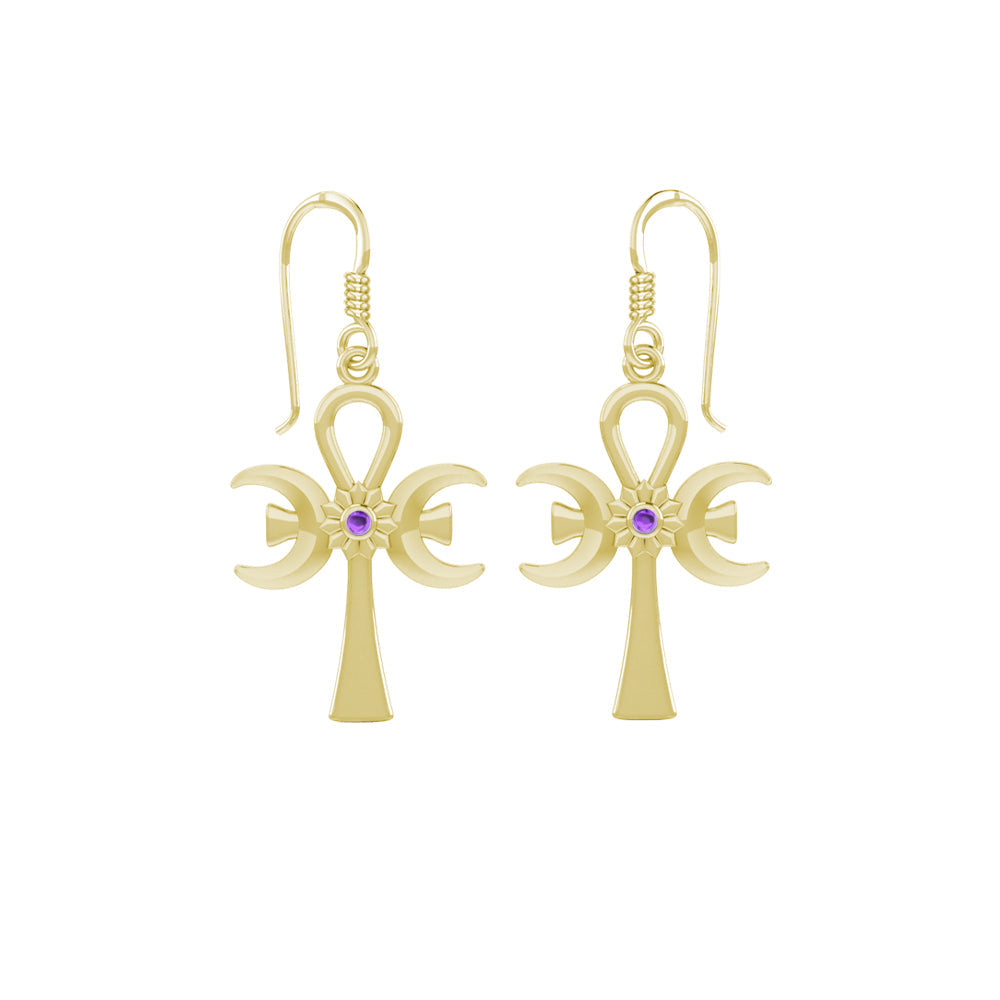 A breath of life ~ Triple Goddess Ankh Solid Yellow Gold Hook Earrings with Gemstone GER1708