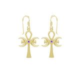 A breath of life ~ Triple Goddess Ankh Solid Yellow Gold Hook Earrings with Gemstone GER1708