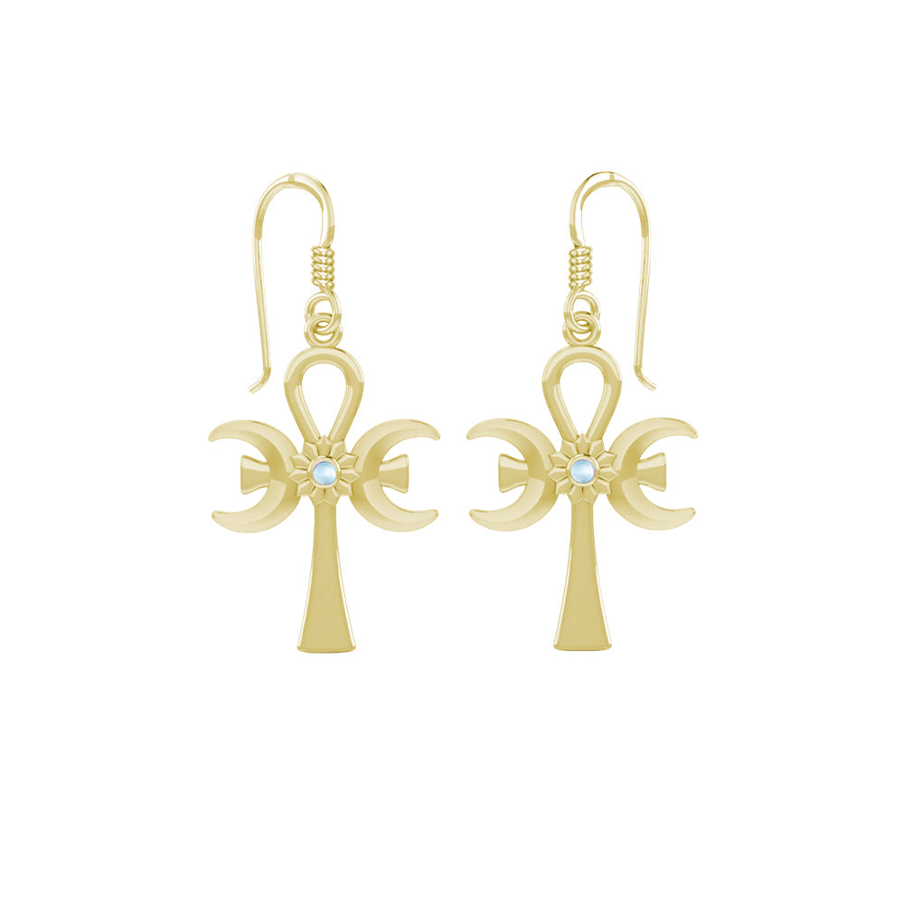 A breath of life ~ Triple Goddess Ankh Solid Yellow Gold Hook Earrings with Gemstone GER1708