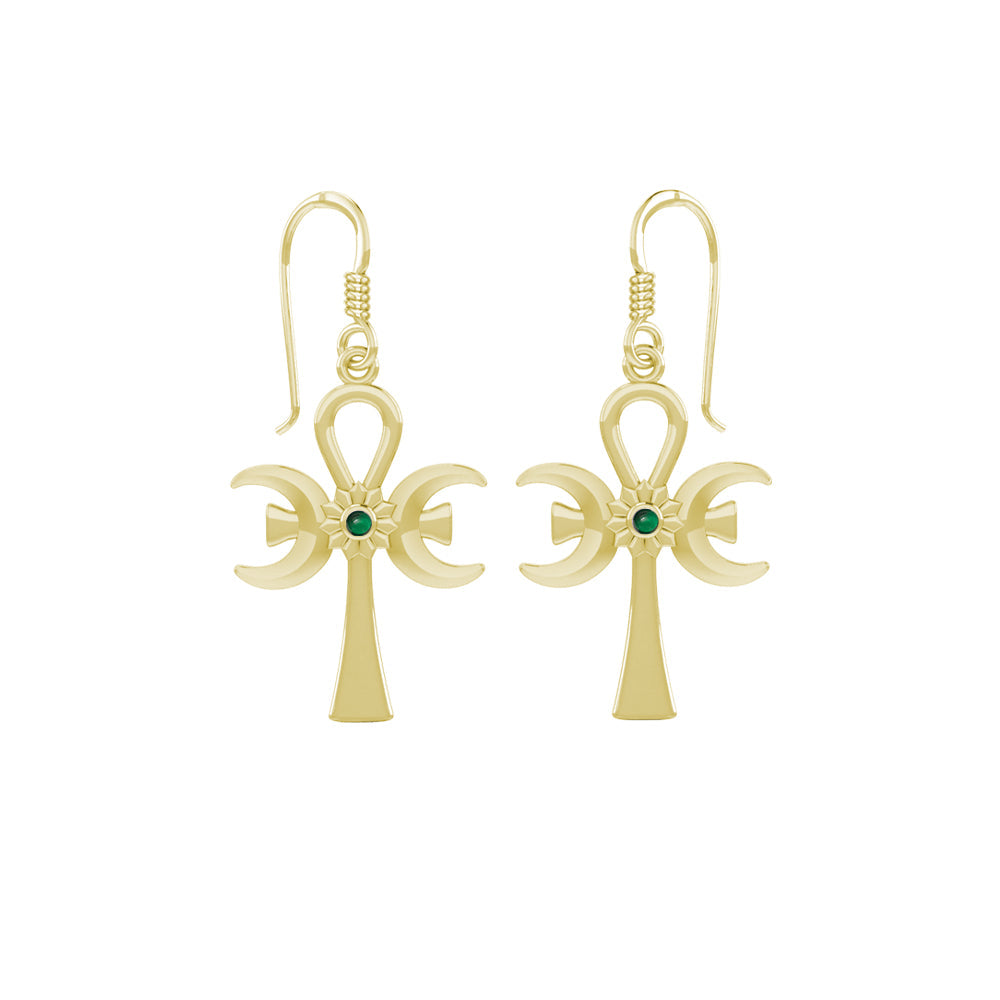 A breath of life ~ Triple Goddess Ankh Solid Yellow Gold Hook Earrings with Gemstone GER1708