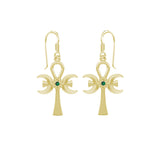 A breath of life ~ Triple Goddess Ankh Solid Yellow Gold Hook Earrings with Gemstone GER1708