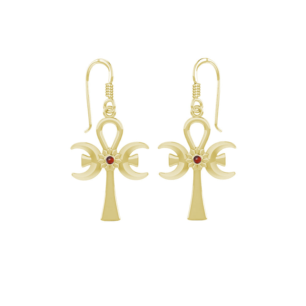 A breath of life ~ Triple Goddess Ankh Solid Yellow Gold Hook Earrings with Gemstone GER1708