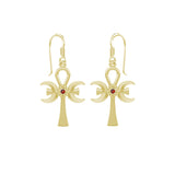 A breath of life ~ Triple Goddess Ankh Solid Yellow Gold Hook Earrings with Gemstone GER1708
