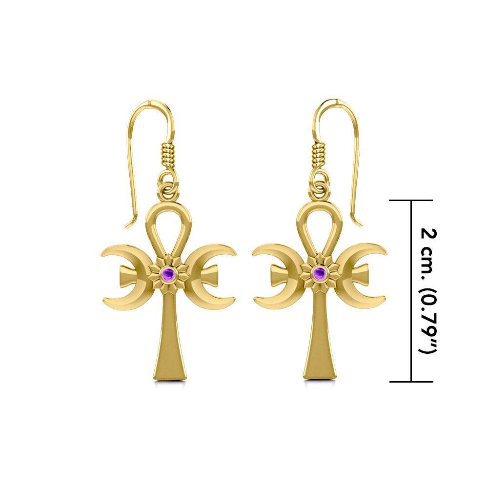 A breath of life ~ Solid Yellow Gold Triple Goddess Ankh Hook Earrings with Gemstone GER1708