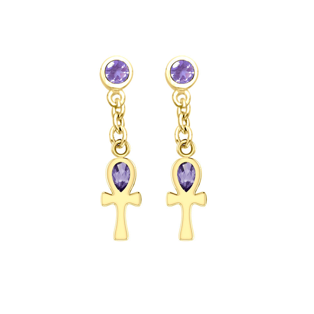 Ankh Solid Gold Post Dangling Earrings with Gemstone GER2190