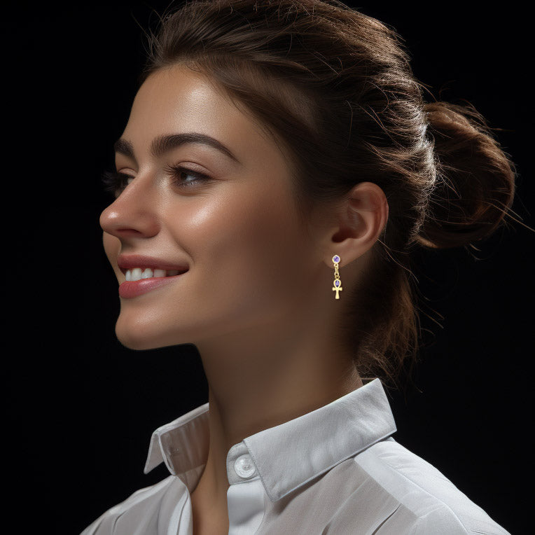 Ankh Solid Gold Post Dangling Earrings with Gemstone GER2190