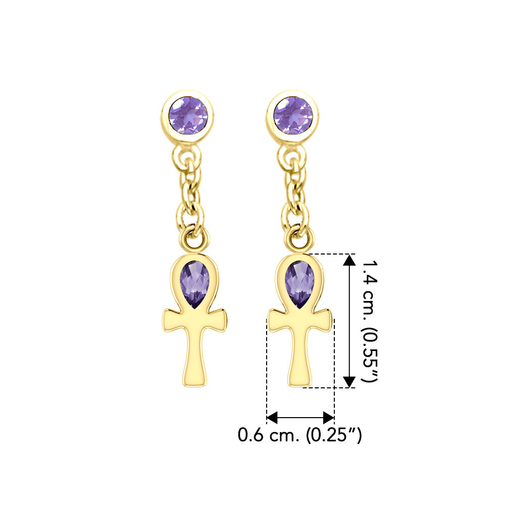 Ankh Solid Gold Post Dangling Earrings with Gemstone GER2190
