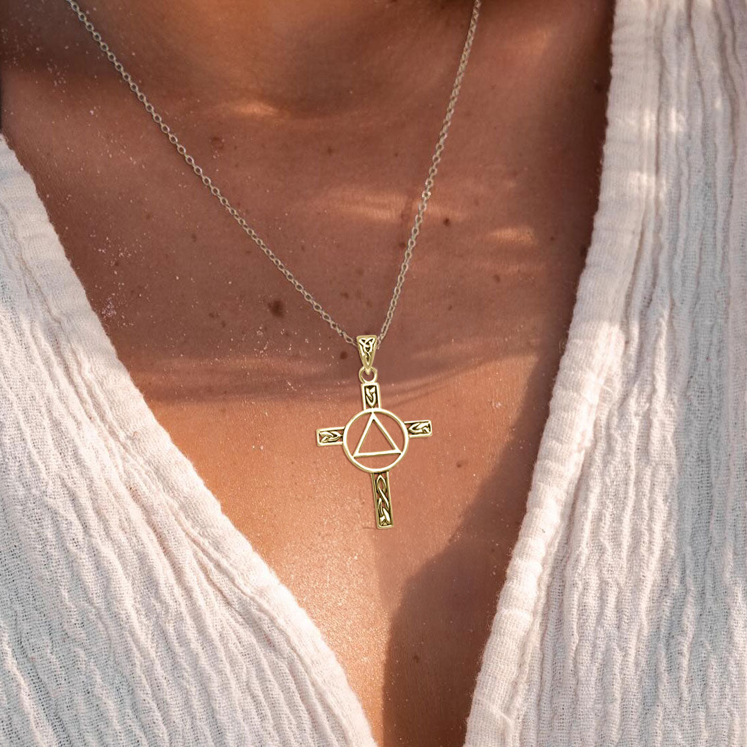 Celtic Knotwork Cross with AA Recovery Solid Gold Pendant GPD327