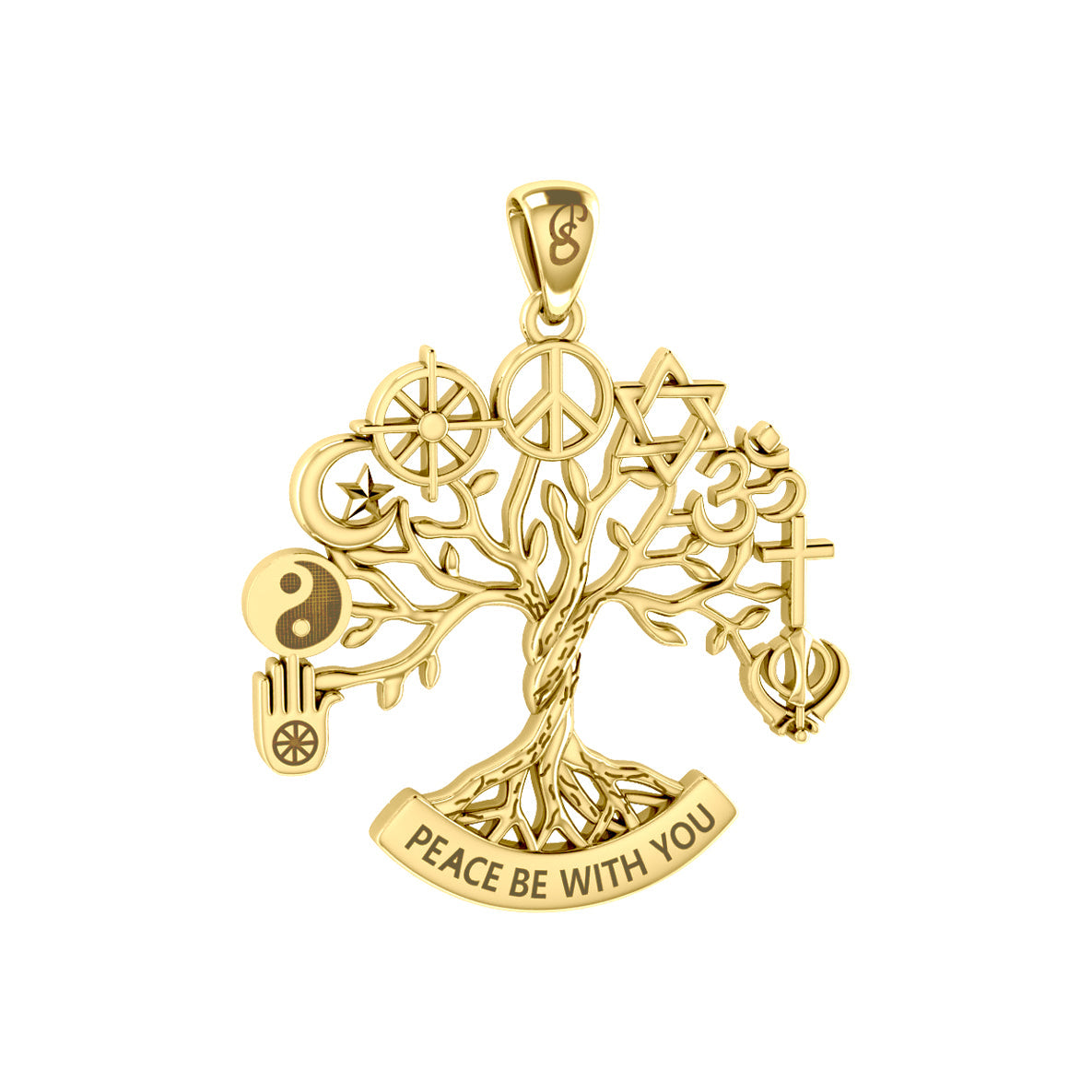 Tree of Life with Peace and Faith Symbols Solid Gold Pendant GPD6364
