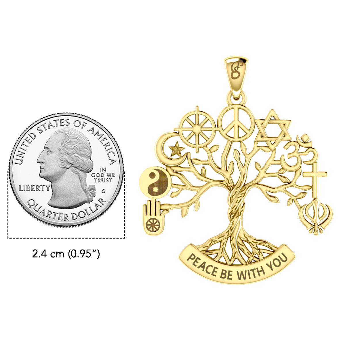 Tree of Life with Peace and Faith Symbols Solid Gold Pendant GPD6364