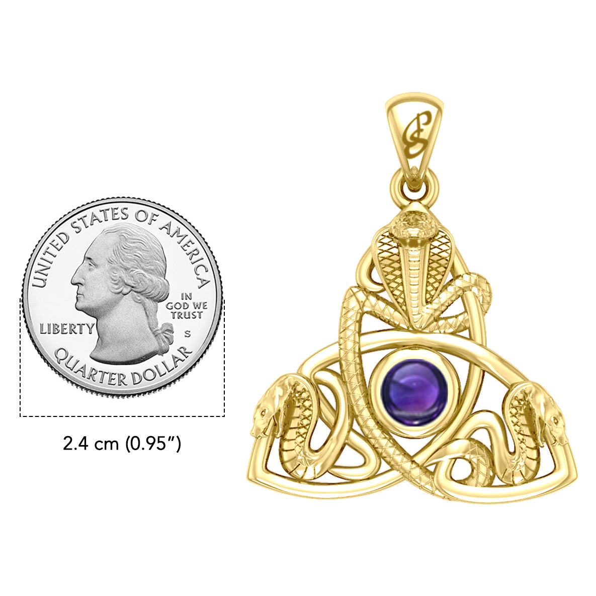 Triple Snake with Celtic Trinity Knot Solid Gold Pendant with Gem GPD6426