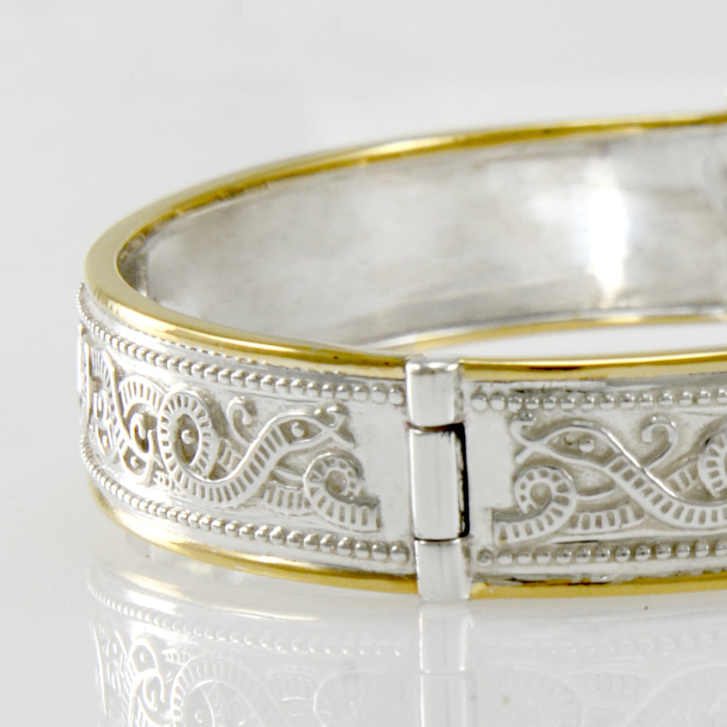 Small Silver and 14K Gold Accent Border Celtic Bangle with open lock MBA211