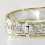 Small Silver and 14K Gold Accent Border Celtic Bangle with open lock MBA211