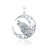 Baying Wolf and Moon Silver Pendant