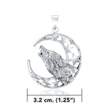 Baying Wolf and Moon Silver Pendant