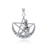 Salem Witch on Crescent Moon Pentagram Silver Pendant TPD4246