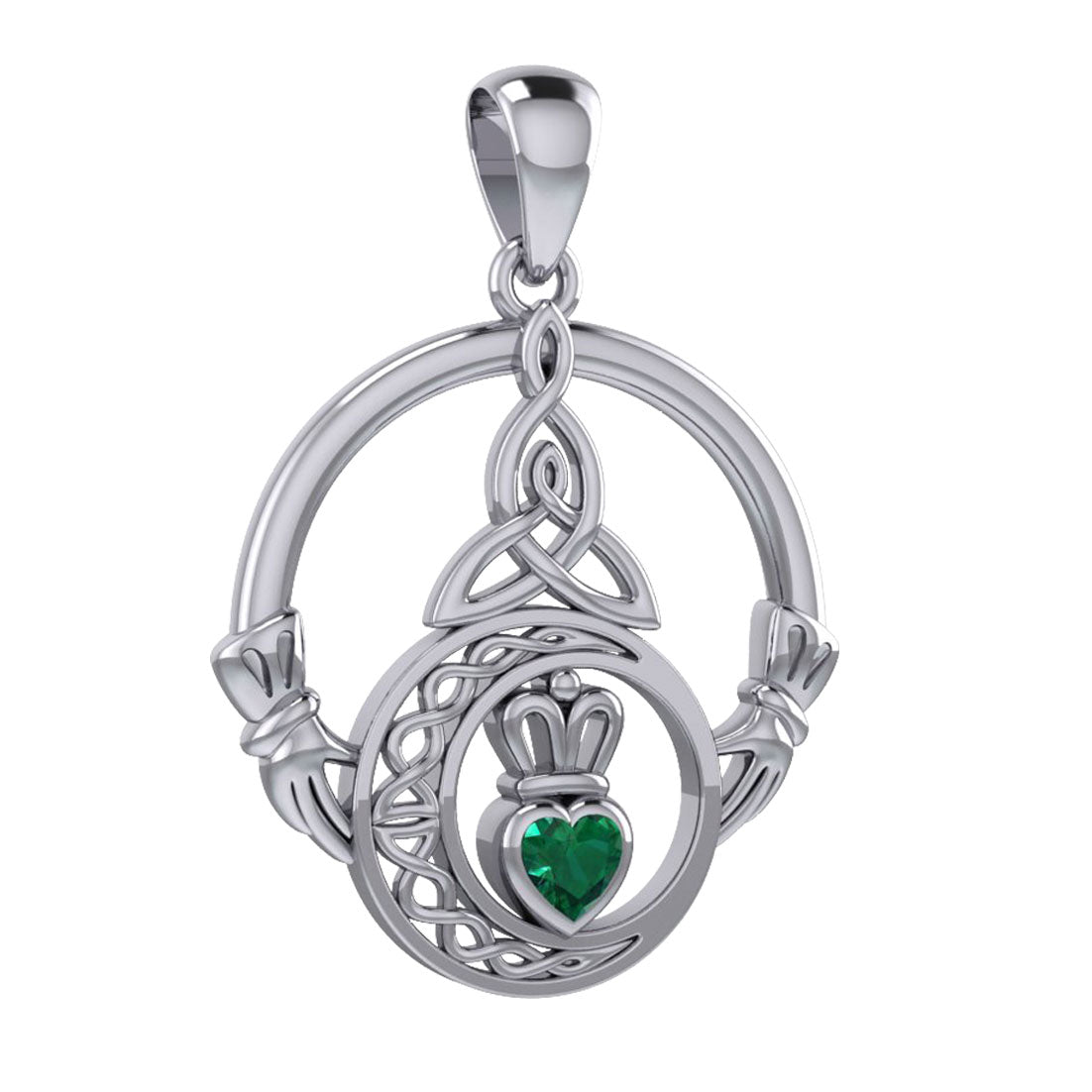 Claddagh and Celtic Crescent Moon with Heart Gemstone Silver Pendant TPD6130