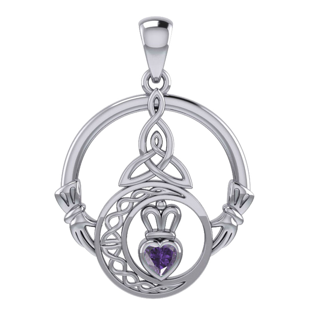 Claddagh and Celtic Crescent Moon with Heart Gemstone Silver Pendant TPD6130