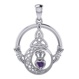 Claddagh and Celtic Crescent Moon with Heart Gemstone Silver Pendant TPD6130