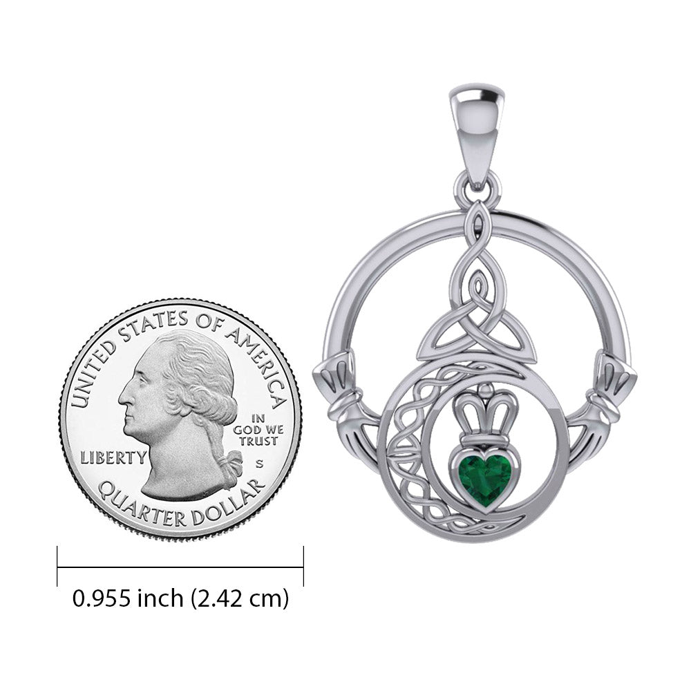 Claddagh and Celtic Crescent Moon with Heart Gemstone Silver Pendant TPD6130