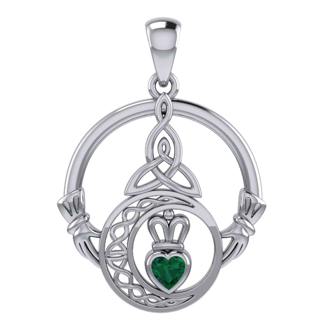 Claddagh and Celtic Crescent Moon with Heart Gemstone Silver Pendant TPD6130