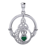 Claddagh and Celtic Crescent Moon with Heart Gemstone Silver Pendant TPD6130