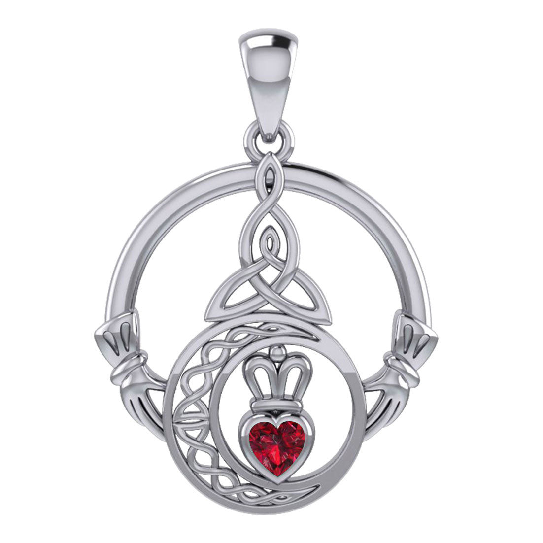 Claddagh and Celtic Crescent Moon with Heart Gemstone Silver Pendant TPD6130