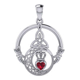 Claddagh and Celtic Crescent Moon with Heart Gemstone Silver Pendant TPD6130