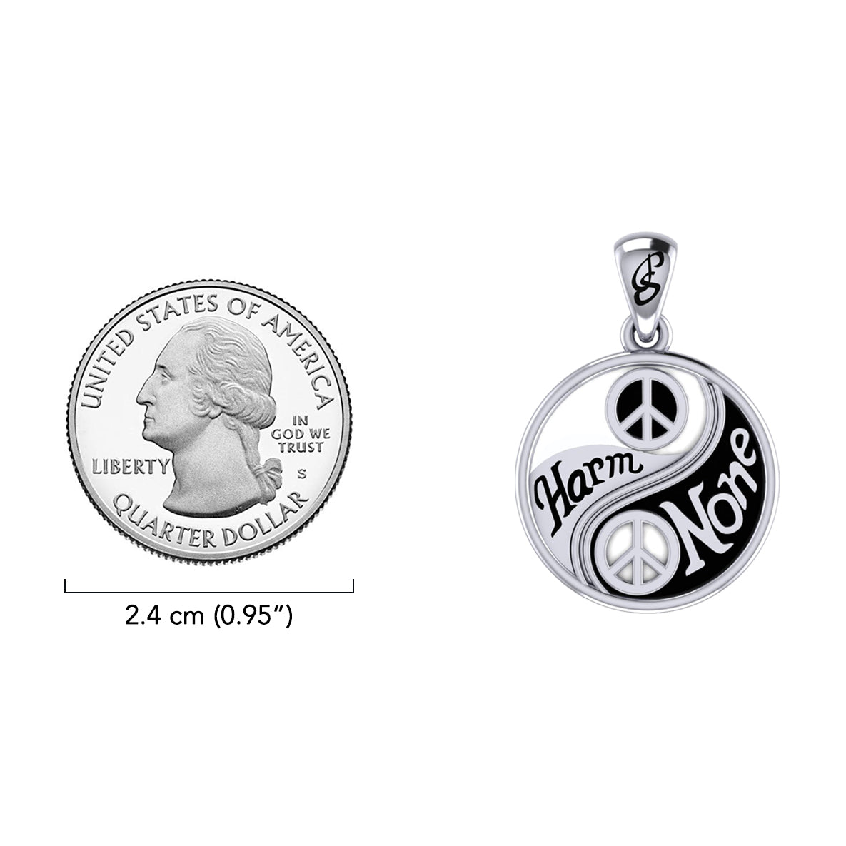 Harm None with Peace Symbols in Yin Yang Sterling Silver Pendant TPD6455