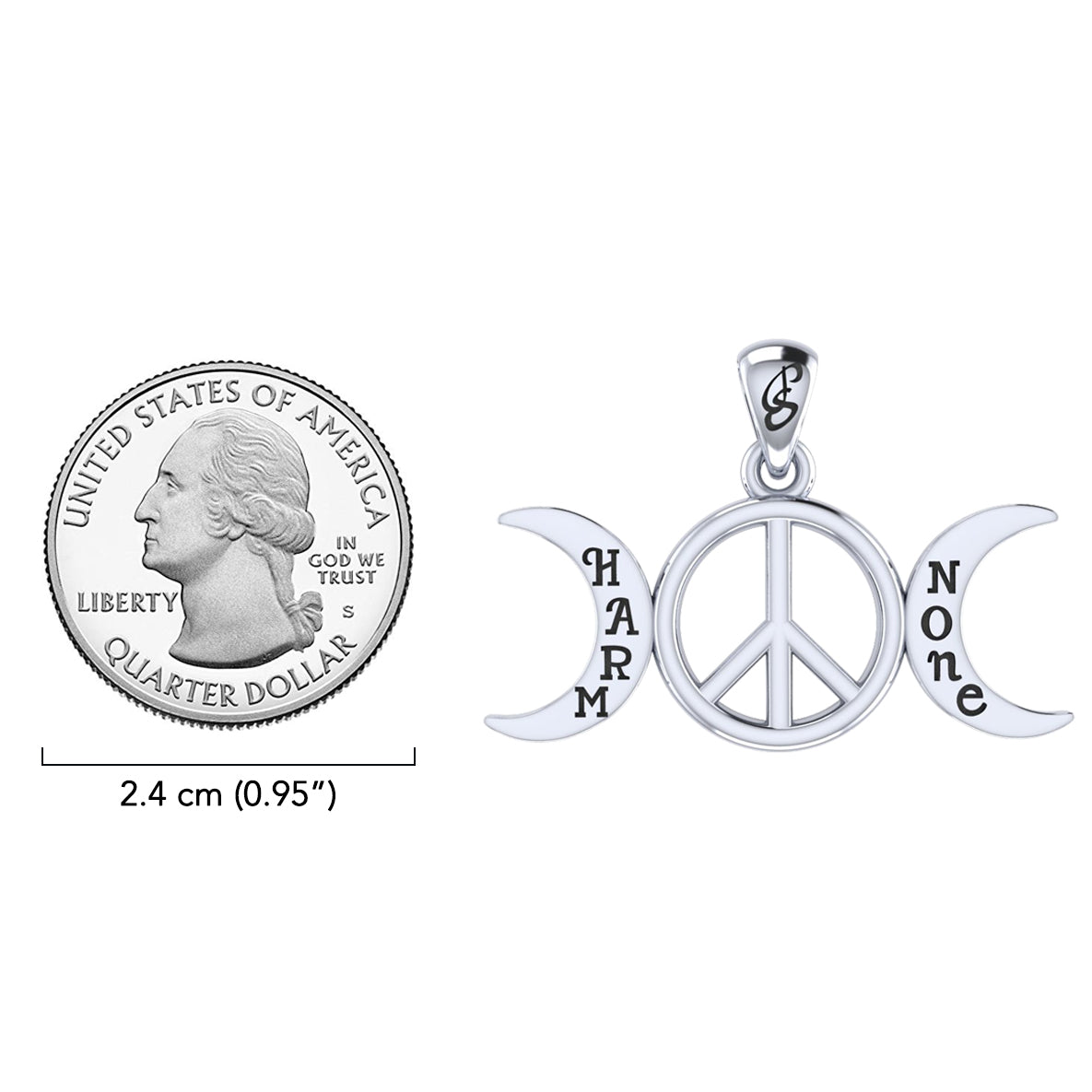 Harm None with Peace Symbols and Crescent Moon Sterling Silver Pendant TPD6457