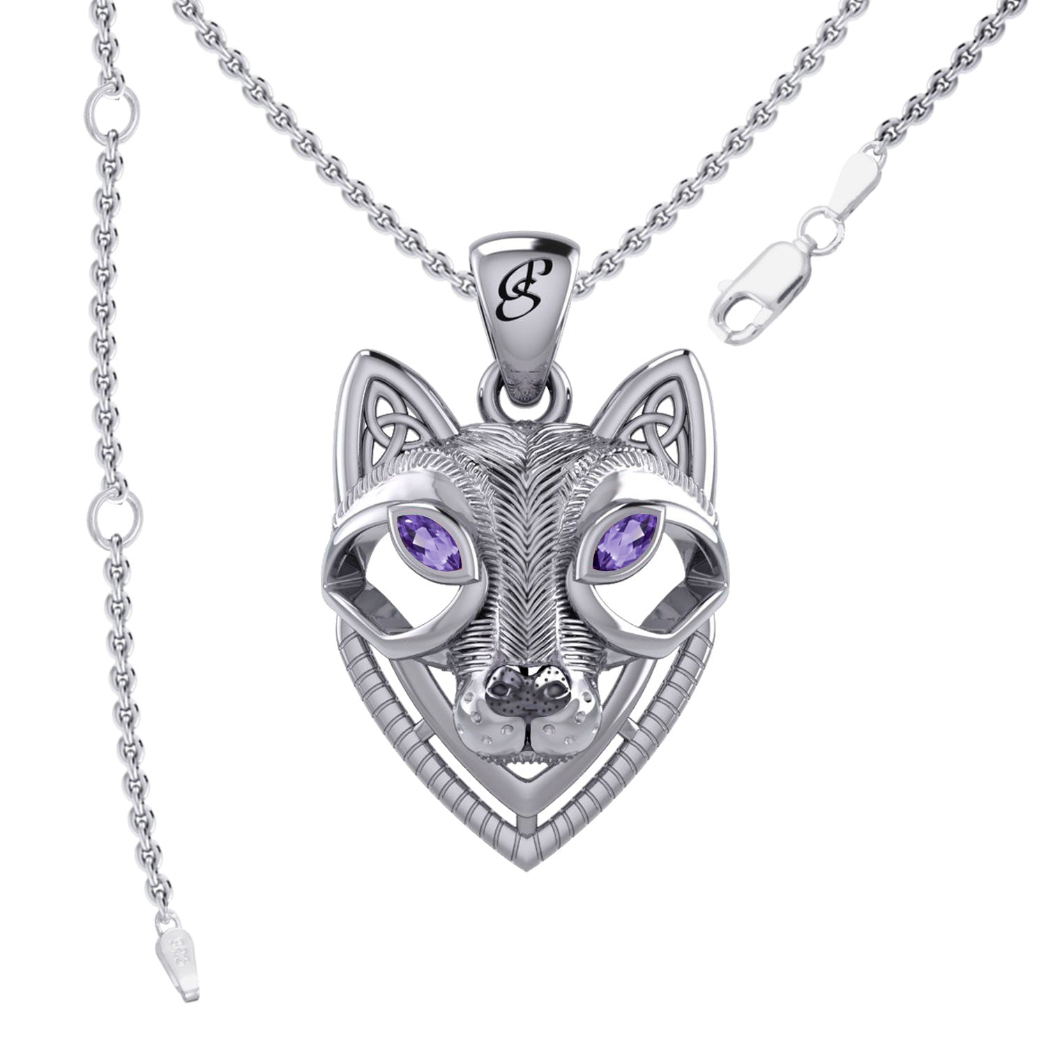 Celtic Wolf Spirit with Meaningful Gemstone Sterling Silver Pendant – Mystical Symbol of Spiritual Connection and Strength by Peter Stone Jewelry TPD6213