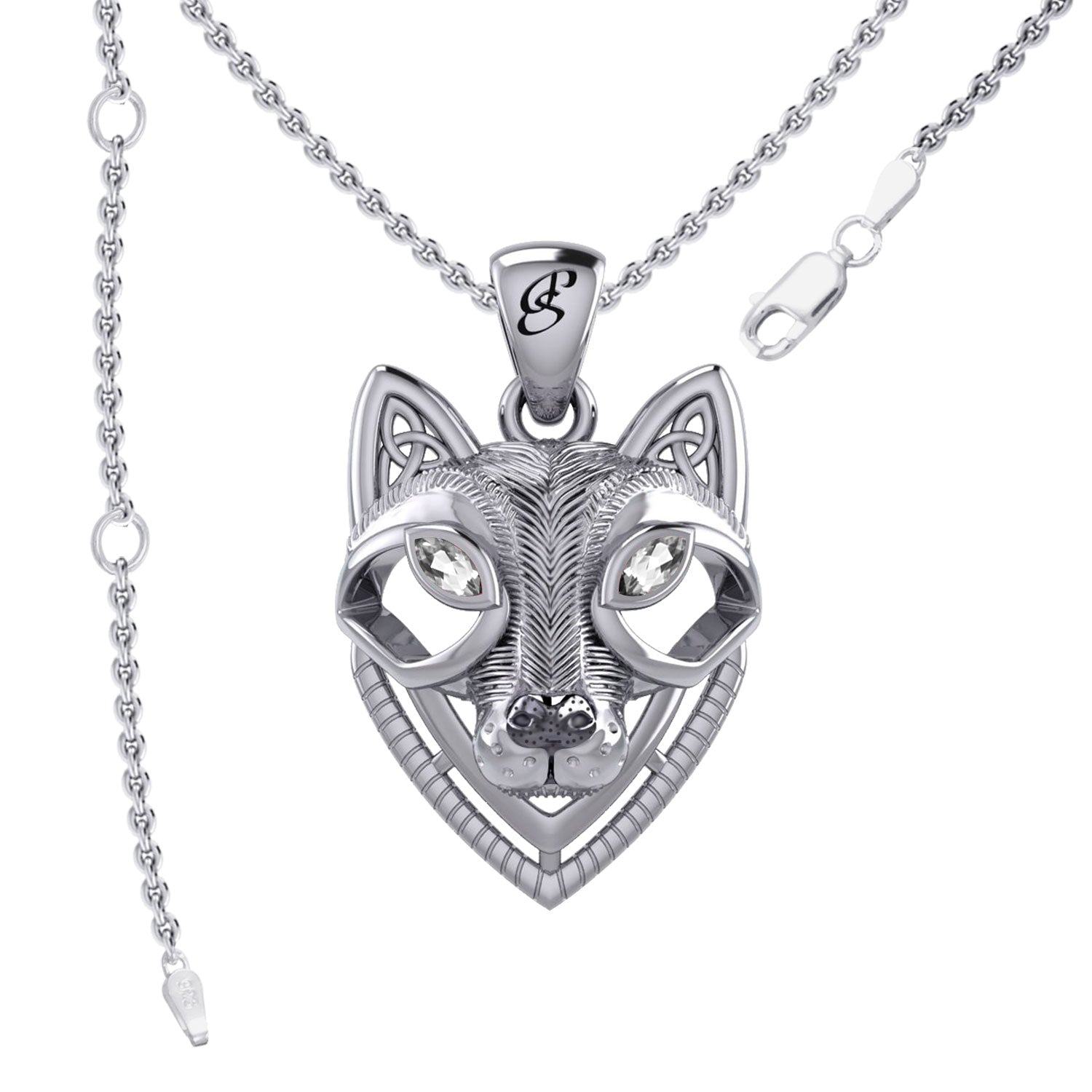 Celtic Wolf Spirit with Meaningful Gemstone Sterling Silver Pendant – Mystical Symbol of Spiritual Connection and Strength by Peter Stone Jewelry TPD6213