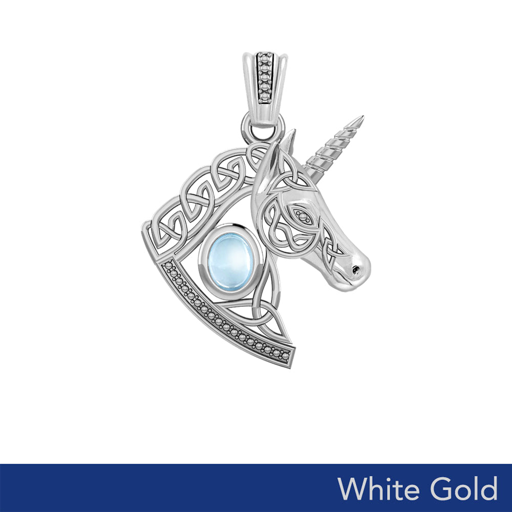 Celtic Unicorn Solid White Gold Pendant with Gem WPD5732