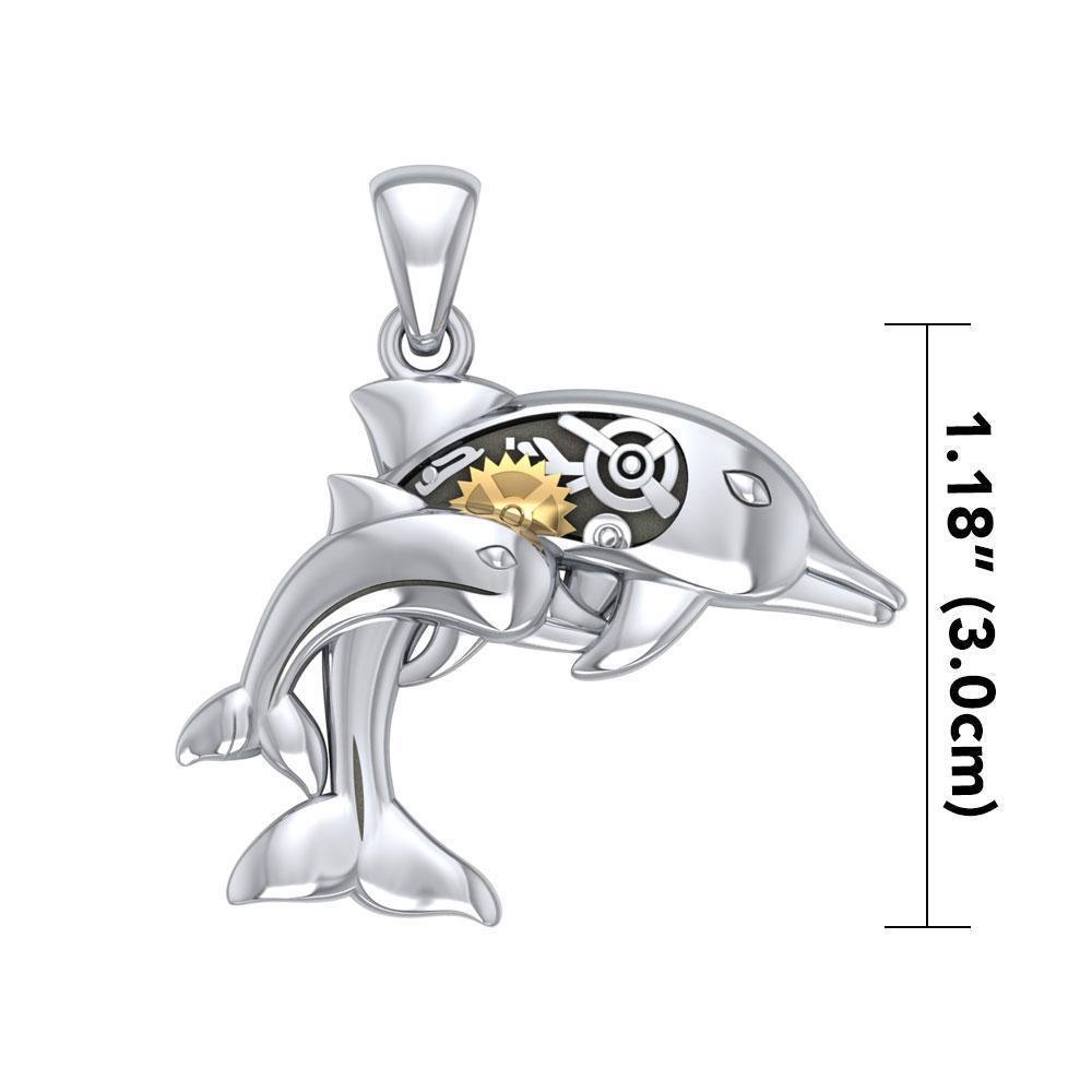 Gentle dolphins in steampunk Sterling Silver with 14K Gold Accent Pendant MPD3929