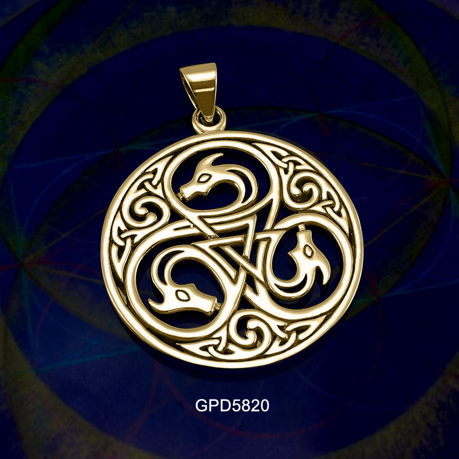 Dragon with Triskele Solid Gold Disc Pendant GPD5820