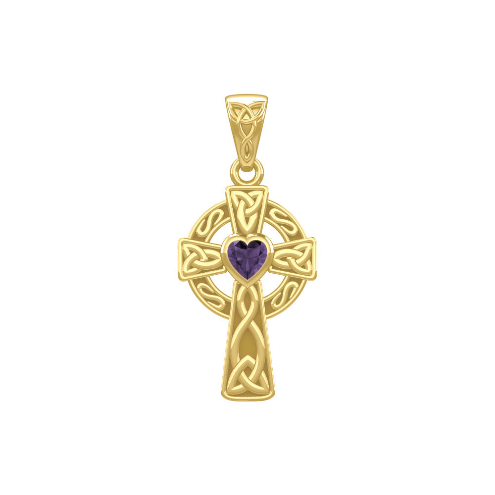Celtic Cross Yellow Gold Pendant with Heart Gemstone GPD5337