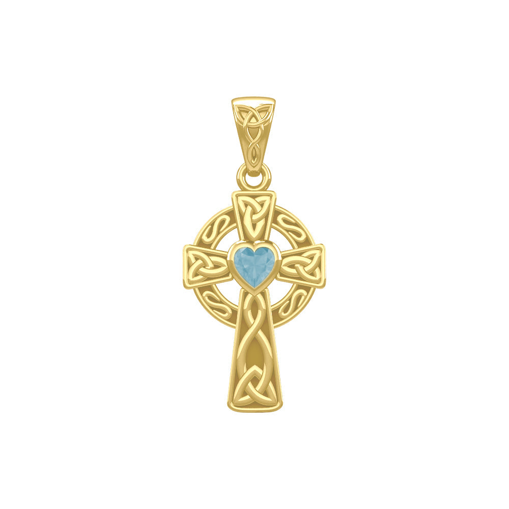 Celtic Cross Yellow Gold Pendant with Heart Gemstone GPD5337