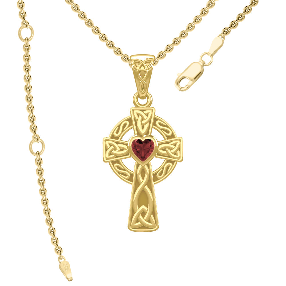 Celtic Cross Yellow Gold Pendant with Heart Gemstone GPD5337