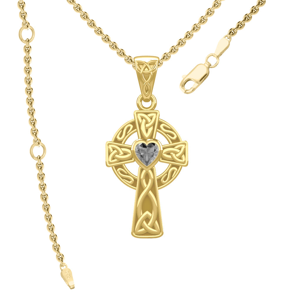 Celtic Cross Yellow Gold Pendant with Heart Gemstone GPD5337