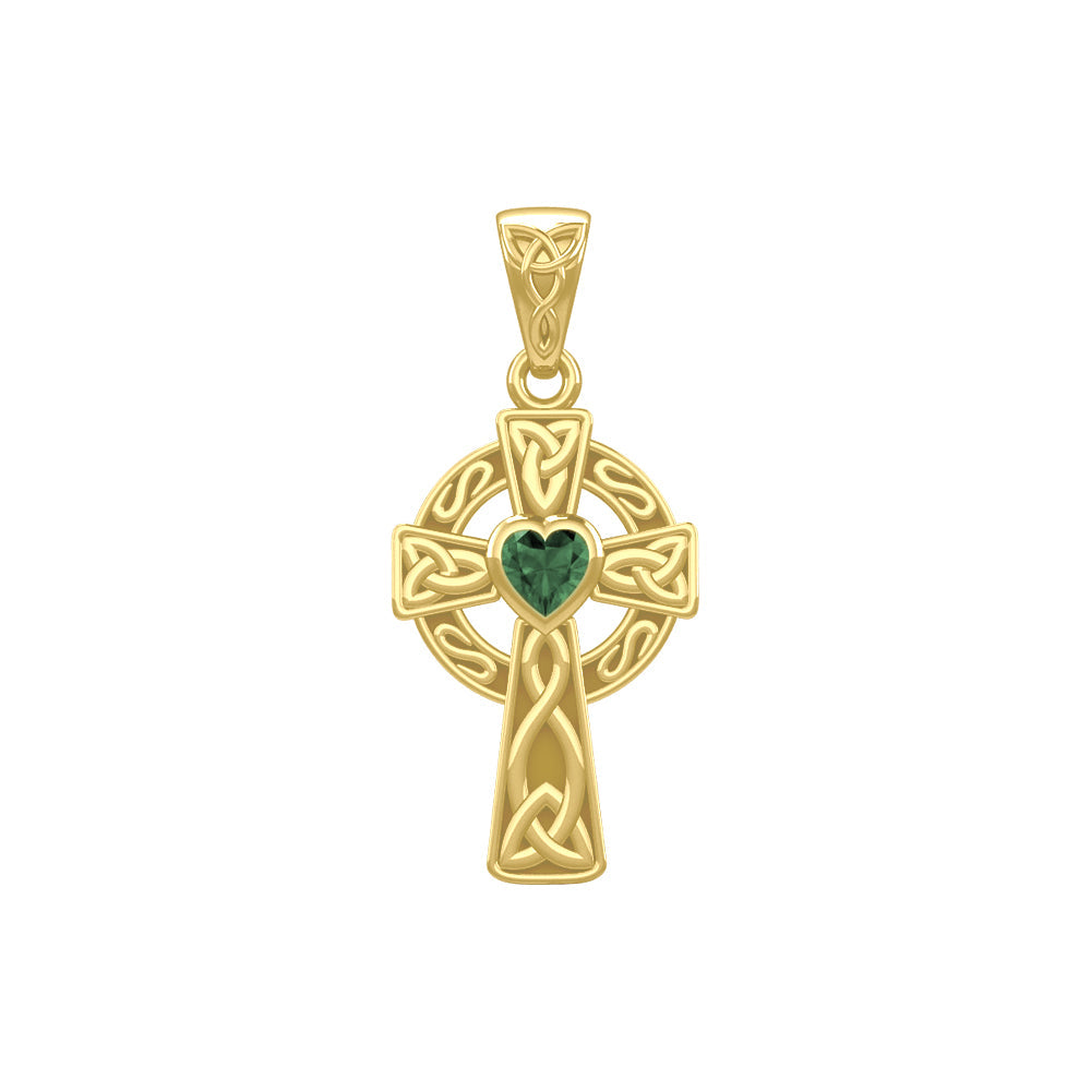 Celtic Cross Yellow Gold Pendant with Heart Gemstone GPD5337