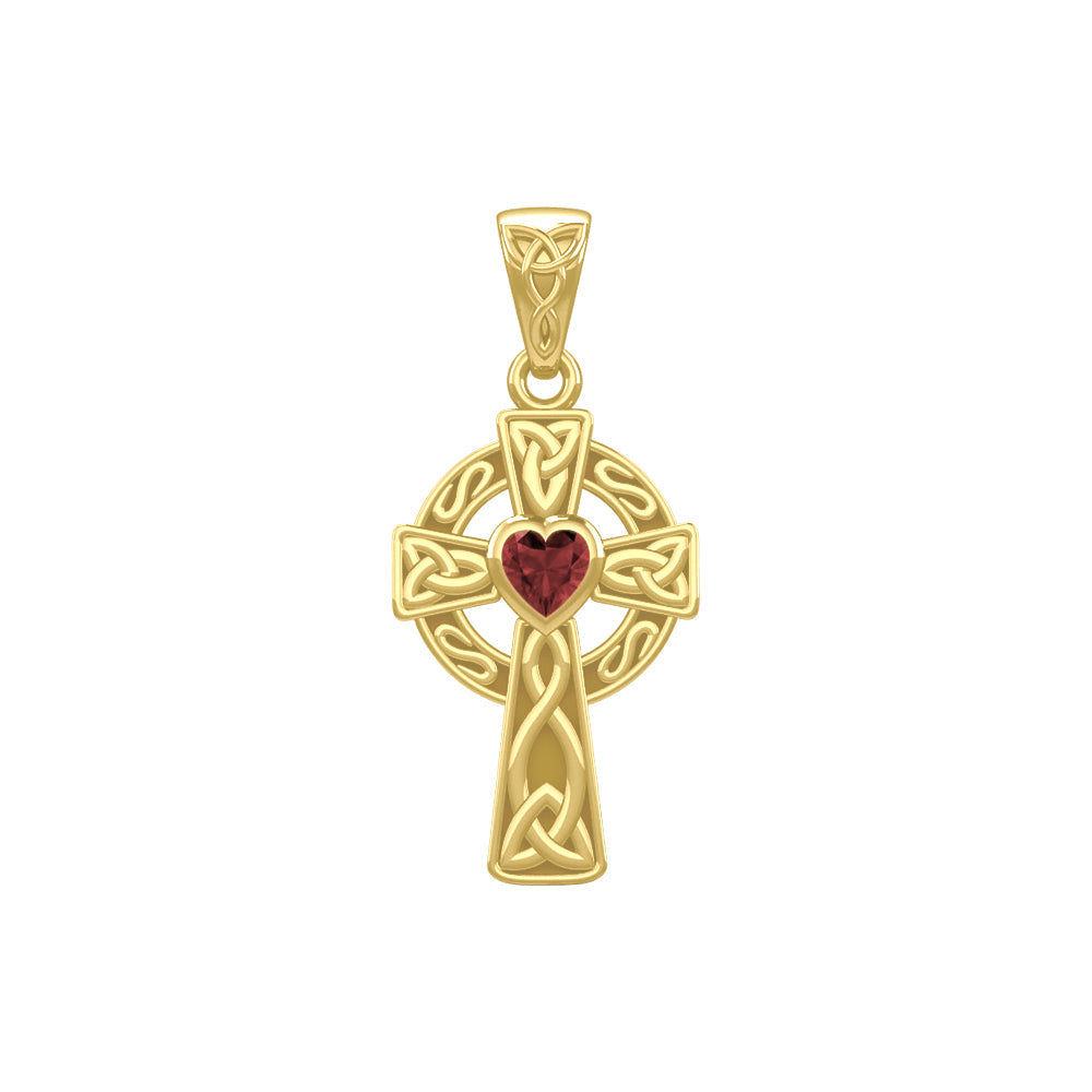 Celtic Cross Yellow Gold Pendant with Heart Gemstone GPD5337