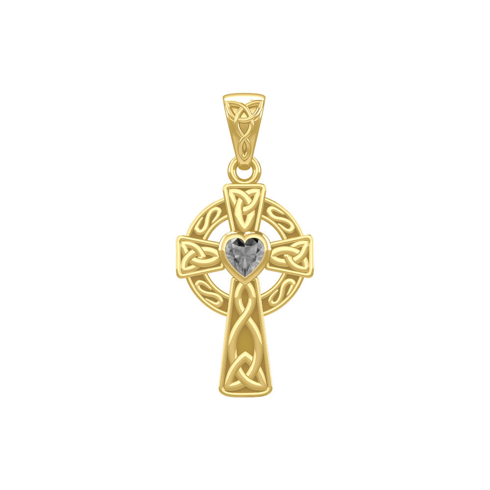 Celtic Cross Yellow Gold Pendant with Heart Gemstone GPD5337