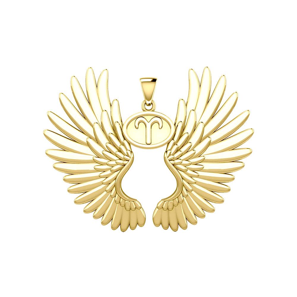 Guardian Angel Wings Solid Gold Pendant with Aries Zodiac Sign GPD5515