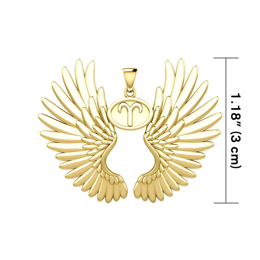 Guardian Angel Wings Solid Gold Pendant with Aries Zodiac Sign GPD5515