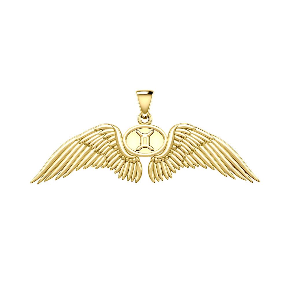 Guardian Angel Wings Solid Gold Pendant with Gemini Zodiac Sign GPD5517