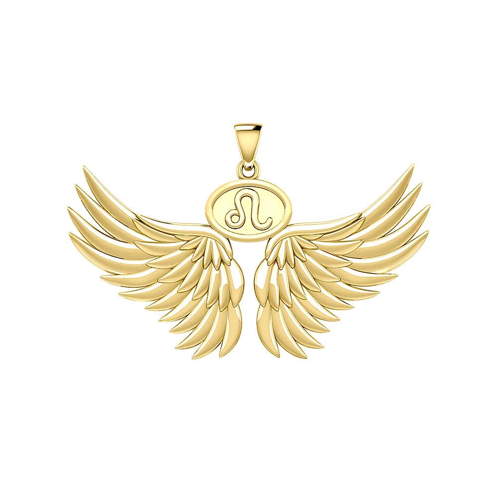 Guardian Angel Wings Solid Gold Pendant with Leo Zodiac Sign GPD5519