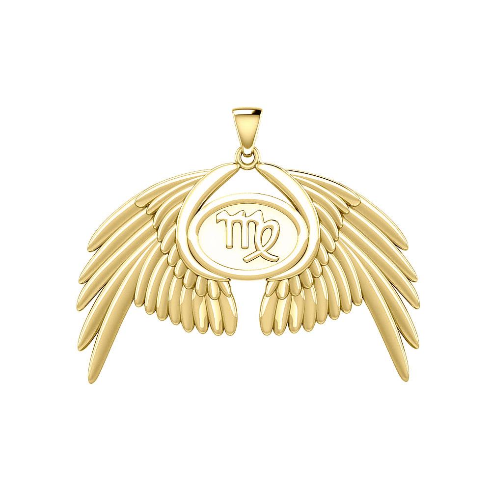 Guardian Angel Wings Solid Gold Pendant with Virgo Zodiac Sign GPD5520