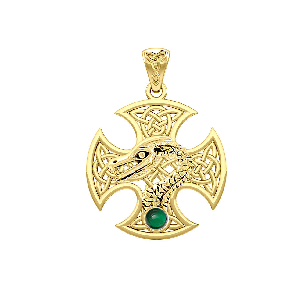 Dragon with Celtic Cross 14K Yellow Gold Pendant GPD5818