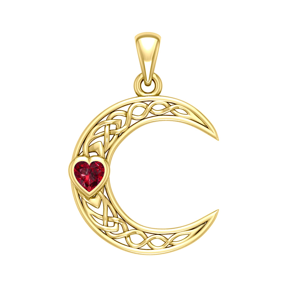 Celtic Crescent Moon with Heart Stone 14 Karat Solid Gold Pendant GPD5886